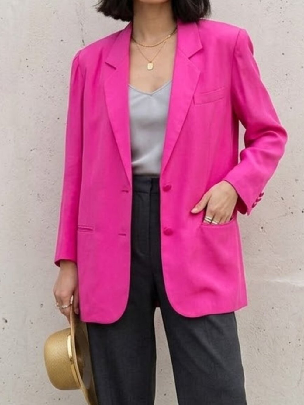 Vintage Francesca of Damon Hot pink long sleeve Silk button Suit jacket 12
